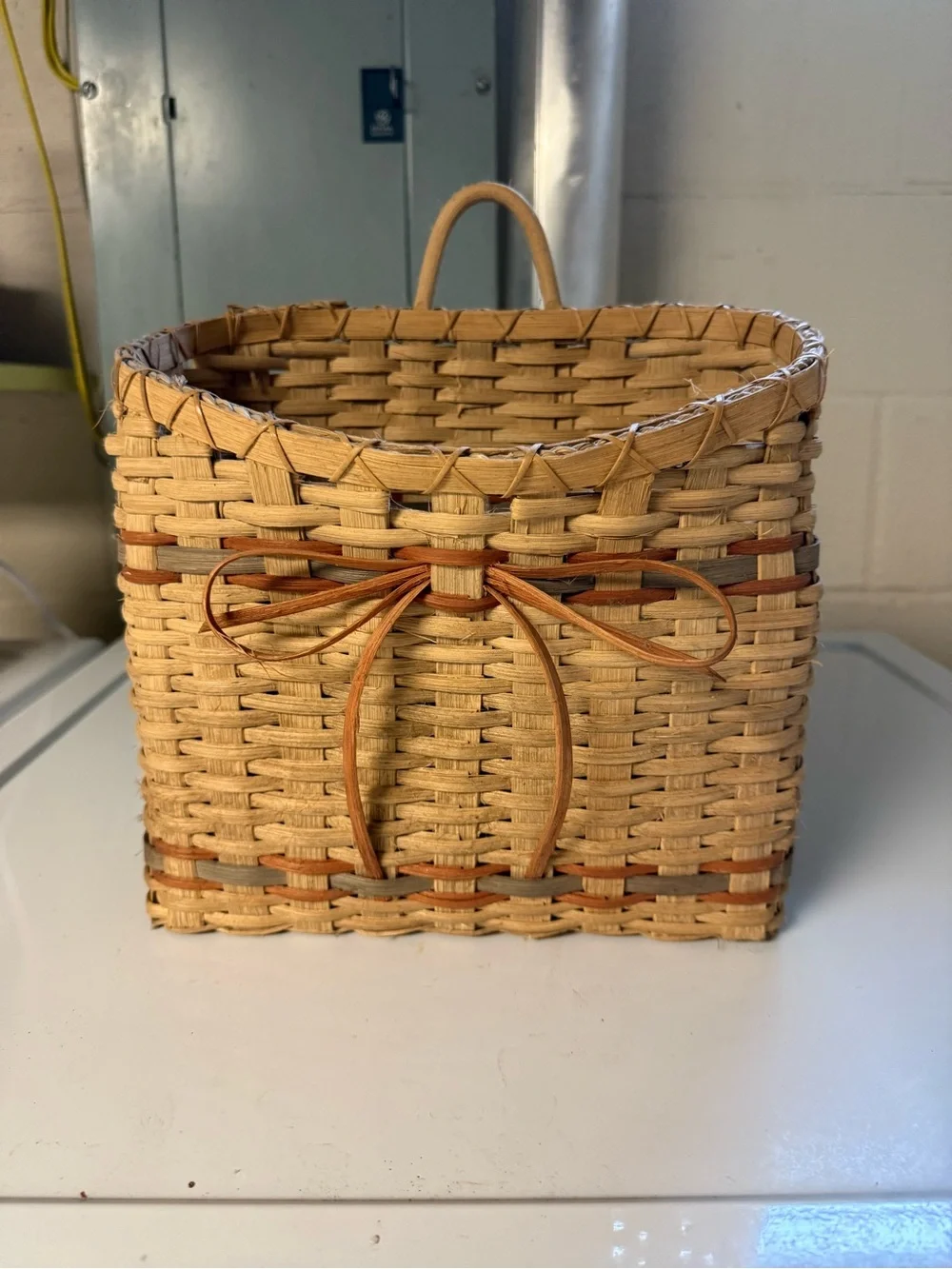 Vtg Hand Woven Basket with Rust Bow & Blue Accents Signed 1989 Rustic Country